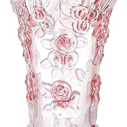 11.8 Inch Tall Pink Crystal Glass Flower Vase with Plum Blossom-Inspired Accent, Decorative Centerpiece for Living Room, Bedroom, Kitchen and Dining Areas