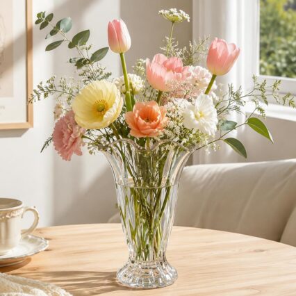 Large Ruffled Glass Pedestal Vase, Clear Footed Flower Holder with Flared Edge and Decorative Bouquet Shape for Dining Tables and Centerpieces