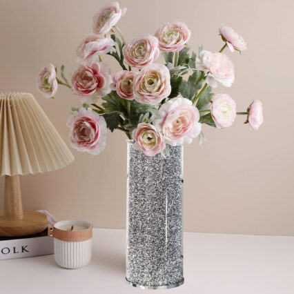 10 Inch Silver Crystal Diamond Glass Flower Vase, Elegant Decorative Centerpiece Holder for Floral Arrangements, Home and Special Events