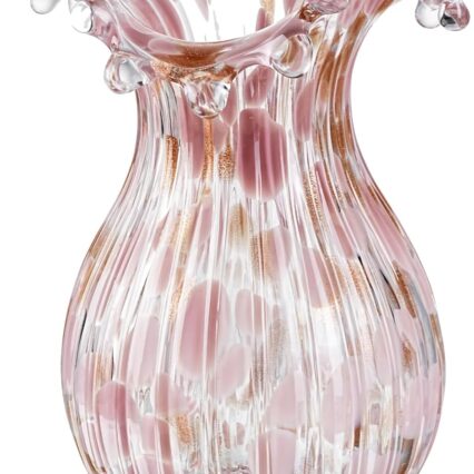 Hand Blown Artistic Glass Flower Vase with Pink Petal Accents, Contemporary Decorative Vase for Tables, Shelves and Home Interiors
