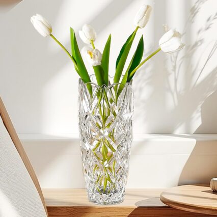 10 Inch Tall Clear Crystal Glass Vase with Diamond Check Pattern, Heavy 3.3 lb Decorative Flower Holder for Bookshelves, Tables and Centerpieces