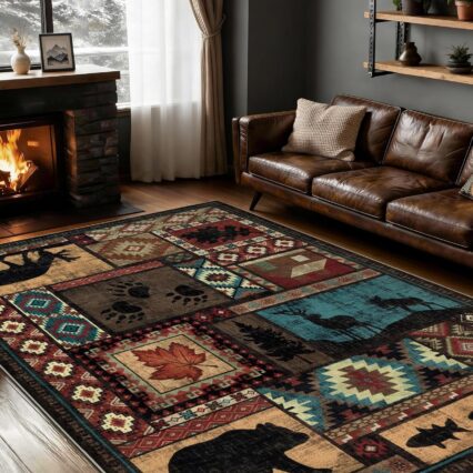 Modern Cabin Style Area Rug 5x7 for Living Room Bedroom, Washable Non Slip Low Pile Indoor Carpet with Animal Pattern