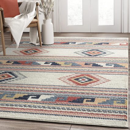 Multicolor Pattern Area Rug for Dining Room Living Room, Soft Non Shed Indoor Carpet with Orange Grey Beige Design, 4x6